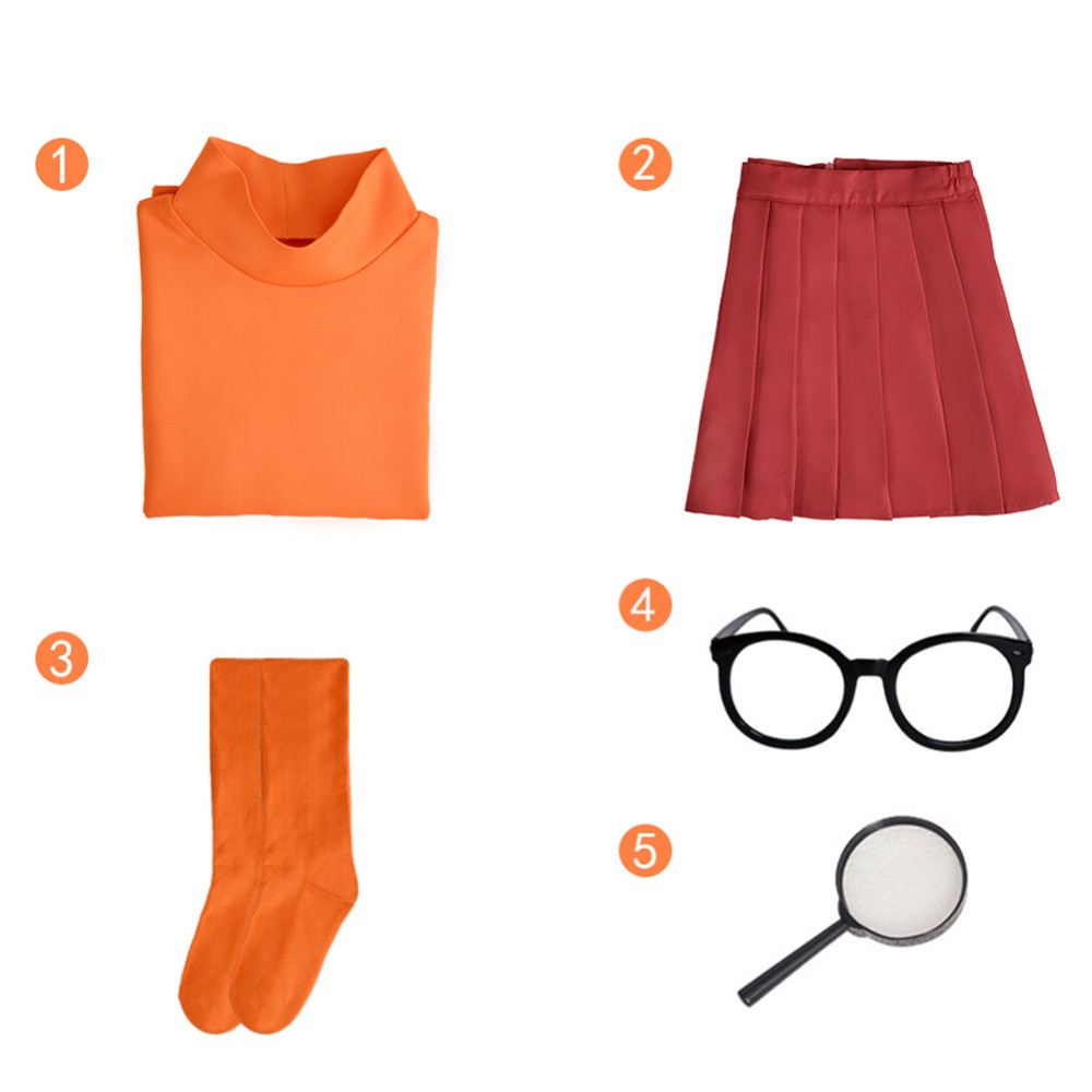 Scooby-Doo Velma Kids Children Orange Skirt Cosplay Costume Halloween Carnival Outfit