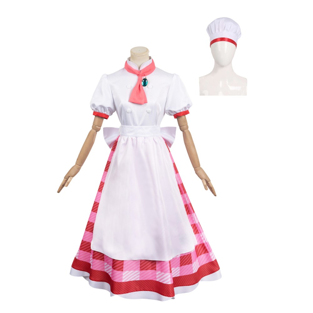 Princesse Peach : À l'affiche ! Costume de cosplay Patissier Peach en robe à carreaux avec chapeau pour Halloween et carnaval