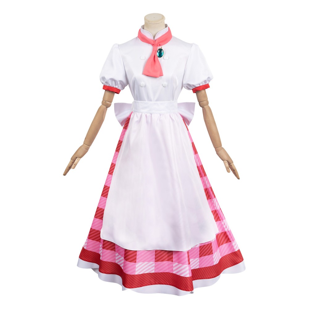 Princesse Peach : À l'affiche ! Costume de cosplay Patissier Peach en robe à carreaux avec chapeau pour Halloween et carnaval