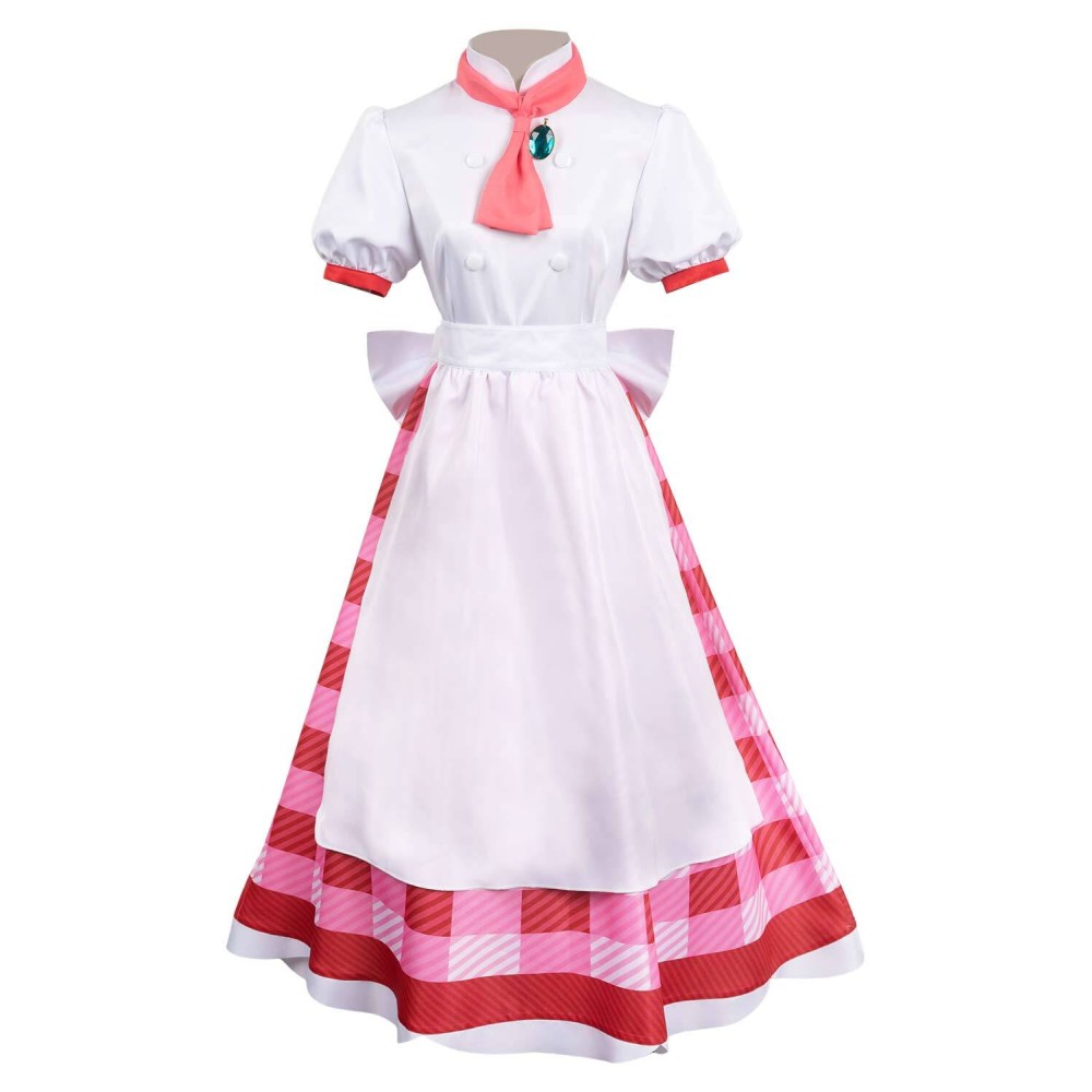 Princesse Peach : À l'affiche ! Costume de cosplay Patissier Peach en robe à carreaux avec chapeau pour Halloween et carnaval