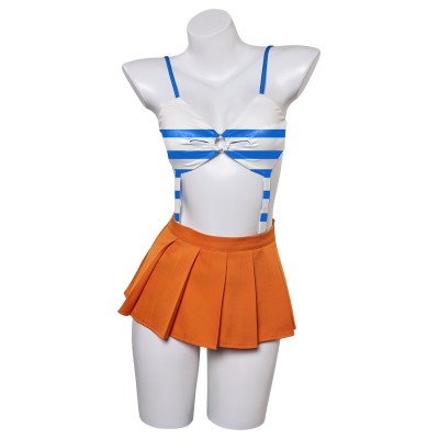Ensemble de maillot de bain Nami One Piece haut rayé bleu jupe orange costume de cosplay tenue d'Halloween carnaval