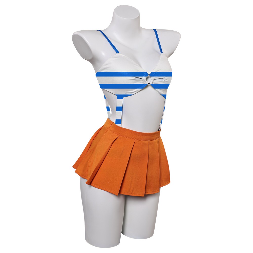 Ensemble de maillot de bain Nami One Piece haut rayé bleu jupe orange costume de cosplay tenue d'Halloween carnaval
