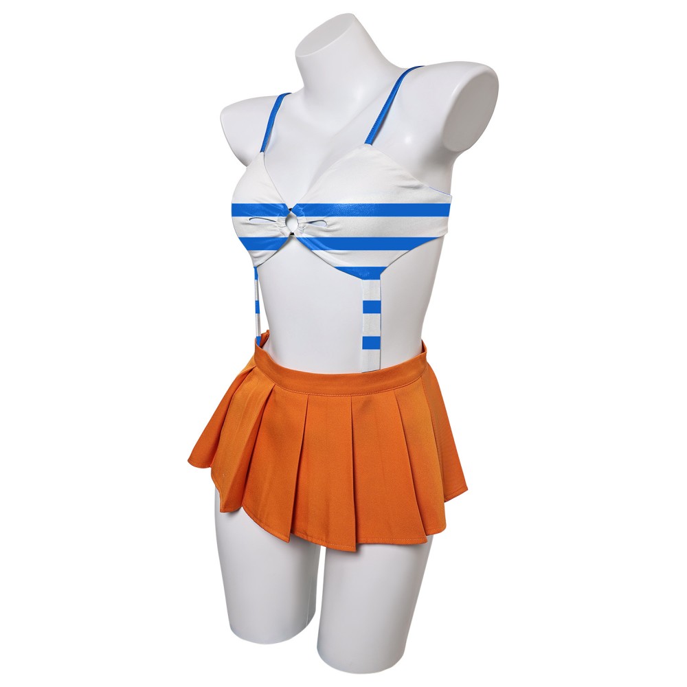 Ensemble de maillot de bain Nami One Piece haut rayé bleu jupe orange costume de cosplay tenue d'Halloween carnaval