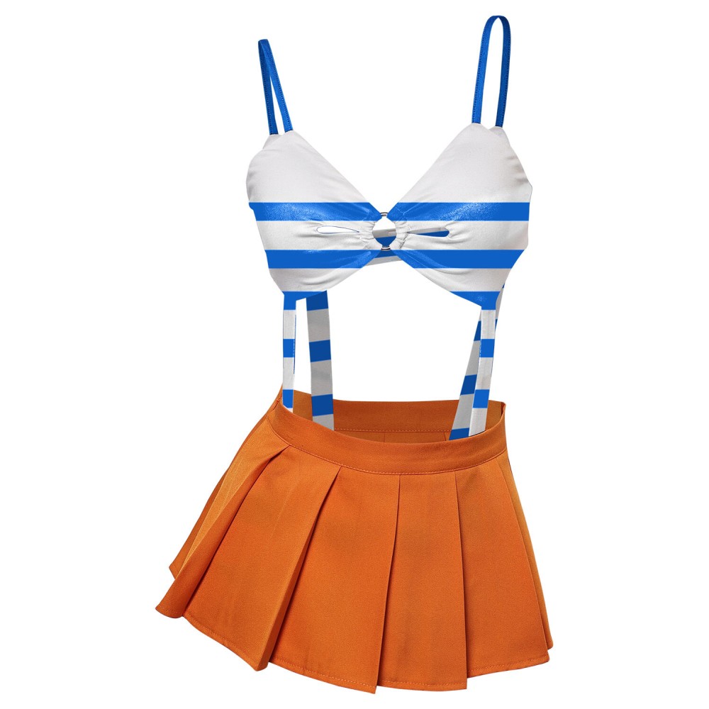 Ensemble de maillot de bain Nami One Piece haut rayé bleu jupe orange costume de cosplay tenue d'Halloween carnaval