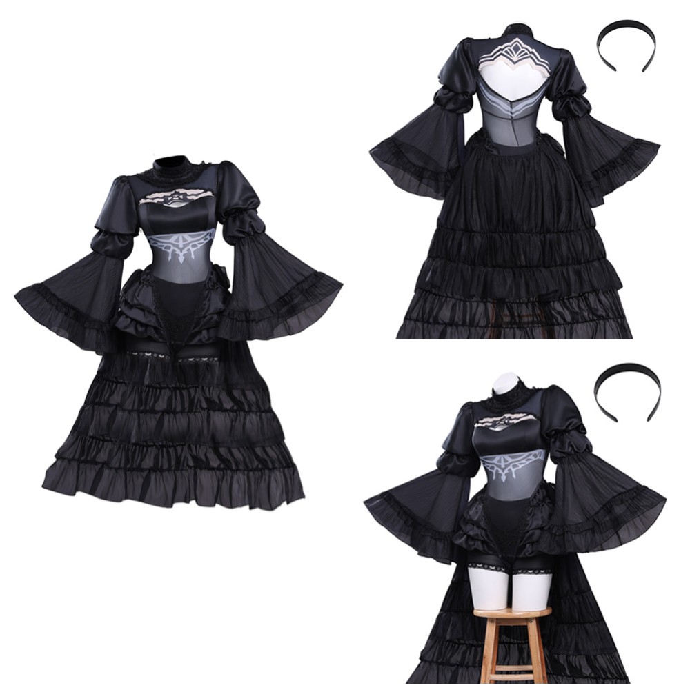 NieR:Automata 2B Women Black Wedding Dress Cosplay Costume Halloween Carnival Outfit