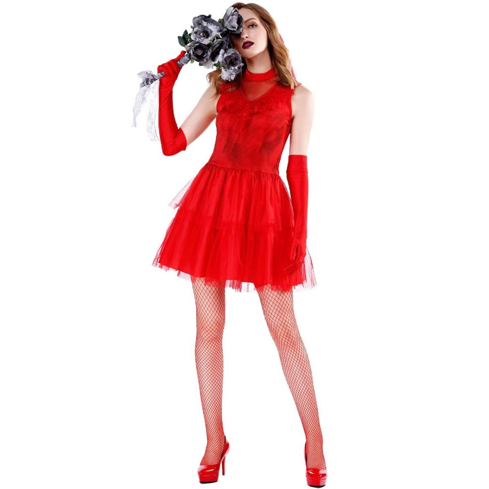 Beetlejuice Lydia Red Short Wedding Dress Suit Cosplay Costume Halloween Carnival Outfit