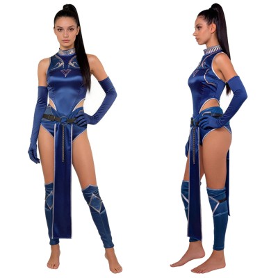 Costume de cosplay sexy bleu de Kitana de Mortal Kombat pour Halloween et carnaval