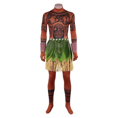 Moana Live-action Maui Brown Jumpsuit with Grass Skirt Cosplay Costume Halloween Carnival Outfit