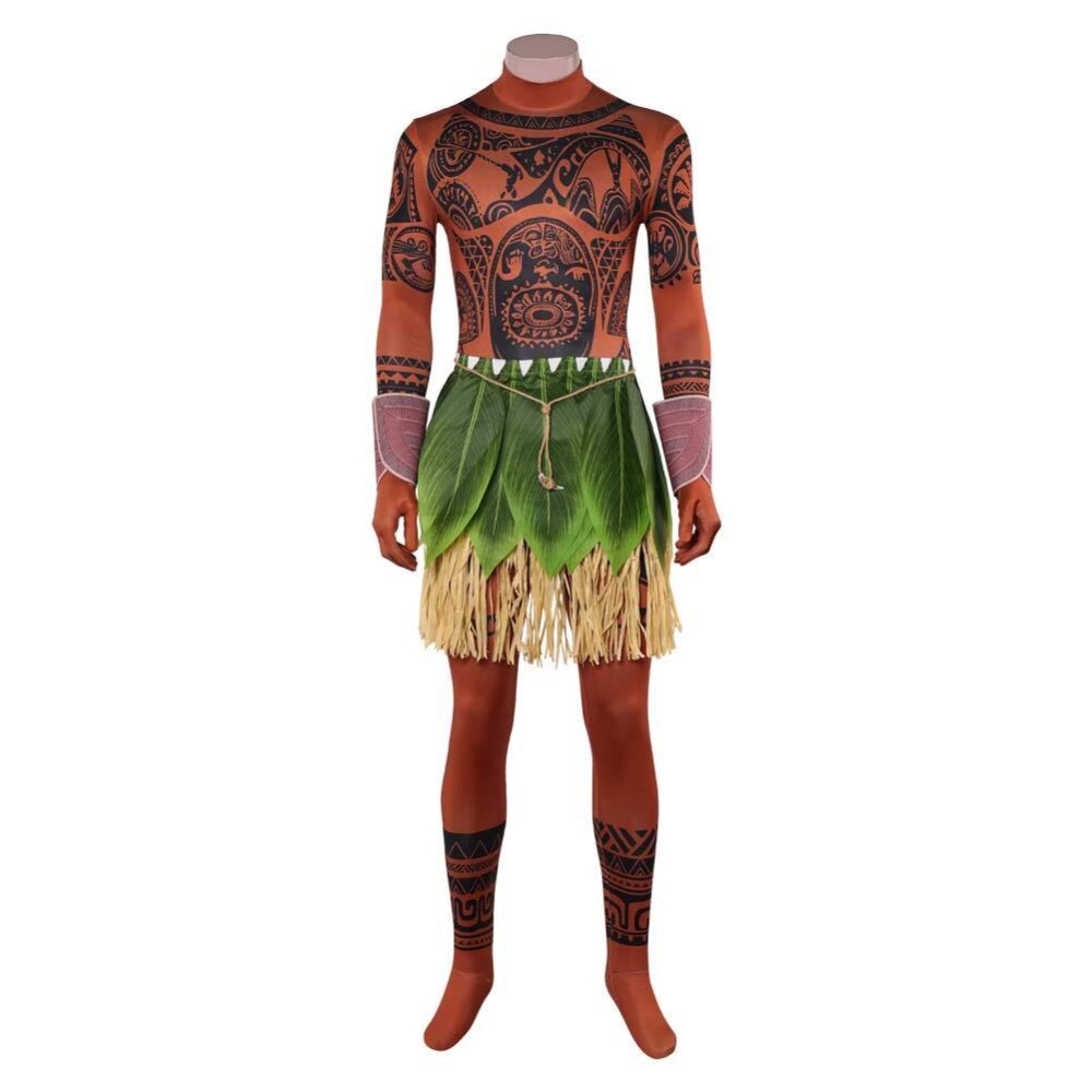 Moana Costume de Cosplay en Direct avec Jumpsuit Marron Maui et Jupe en Herbe pour Halloween et Carnaval