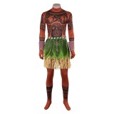 Moana Costume de Cosplay en Direct avec Jumpsuit Marron Maui et Jupe en Herbe pour Halloween et Carnaval