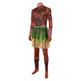 Moana Costume de Cosplay en Direct avec Jumpsuit Marron Maui et Jupe en Herbe pour Halloween et Carnaval