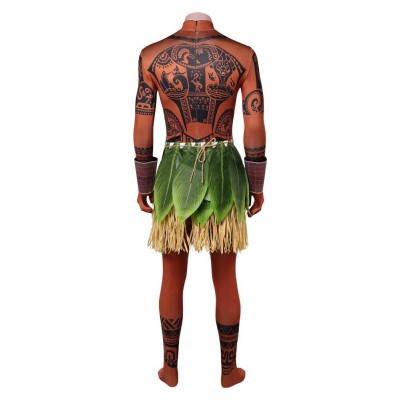 Moana Costume de Cosplay en Direct avec Jumpsuit Marron Maui et Jupe en Herbe pour Halloween et Carnaval