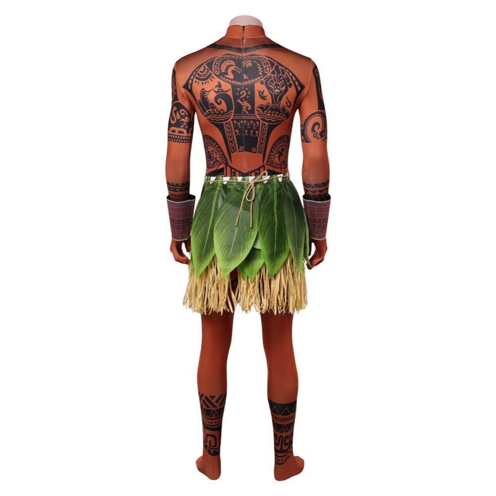 Moana Costume de Cosplay en Direct avec Jumpsuit Marron Maui et Jupe en Herbe pour Halloween et Carnaval