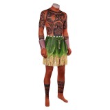 Moana Costume de Cosplay en Direct avec Jumpsuit Marron Maui et Jupe en Herbe pour Halloween et Carnaval