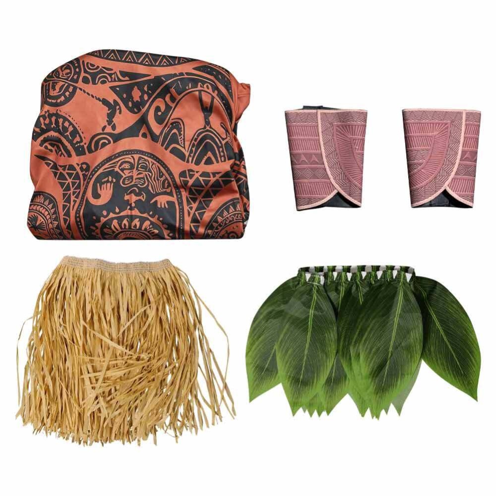 Moana Costume de Cosplay en Direct avec Jumpsuit Marron Maui et Jupe en Herbe pour Halloween et Carnaval