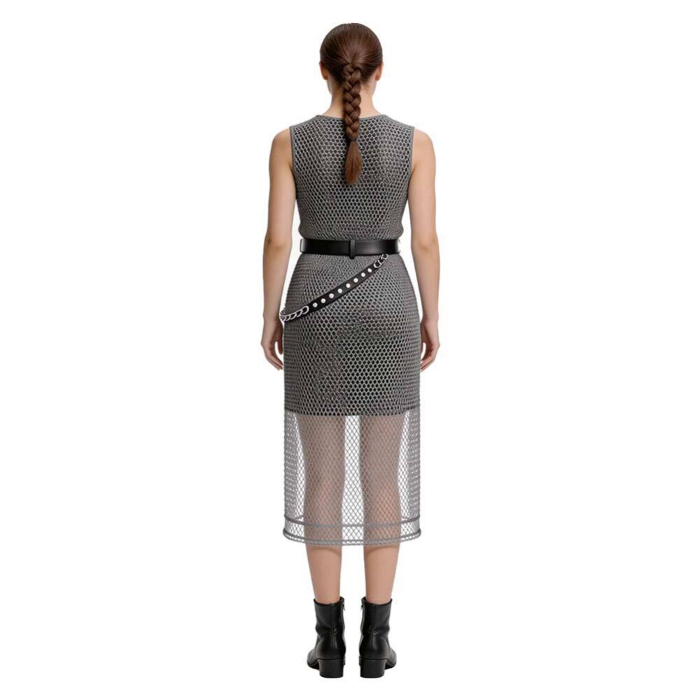 Medieval Renaissance Women Silver Chainmail Sleeveless Mesh Dress Cosplay Costume Halloween Carnival