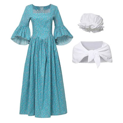 Medieval Renaissance Women Green Printed Dress Cosplay Costume Halloween Carnival Outfit