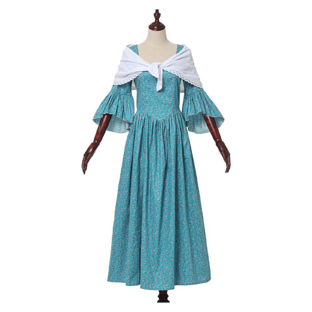Medieval Renaissance Women Green Printed Dress Cosplay Costume Halloween Carnival Outfit