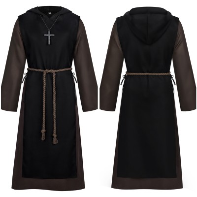 Medieval Renaissance Priest Black Robe Cosplay Costume Halloween Carnival Outfit
