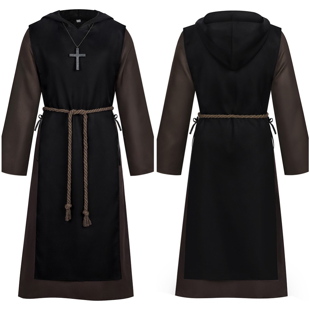 Medieval Renaissance Priest Black Robe Cosplay Costume Halloween Carnival Outfit