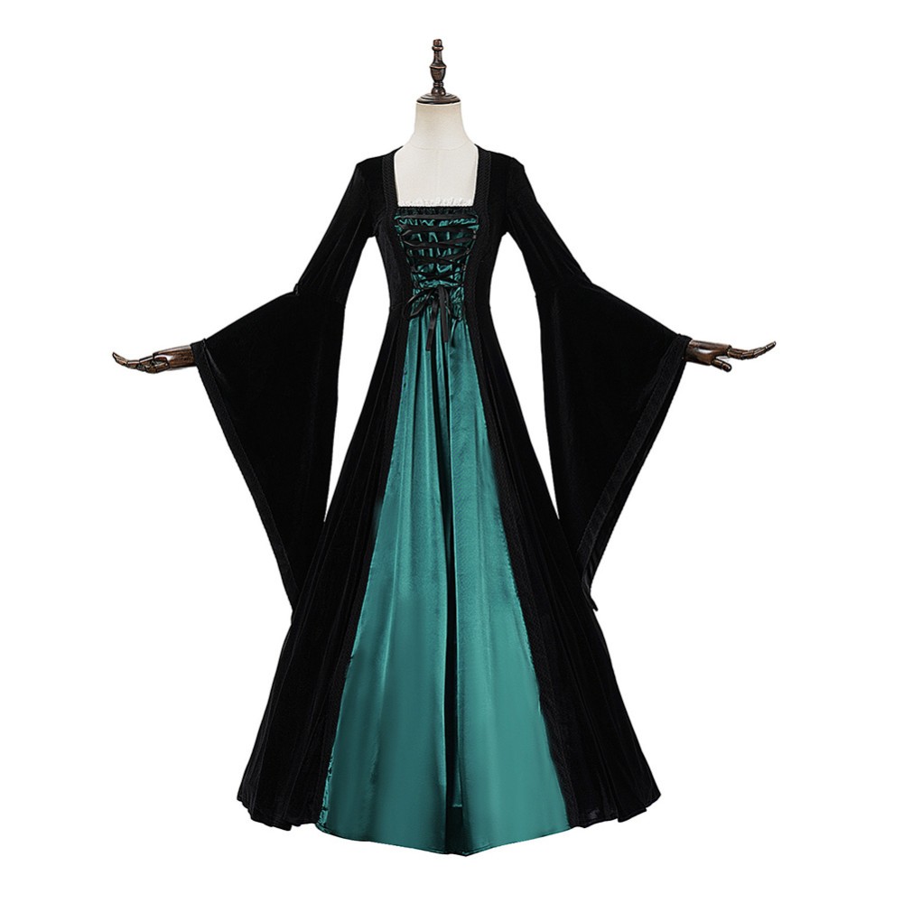 Medieval Renaissance Aristocratic Woman Black and Green Dress Cosplay Costume Halloween Carnival