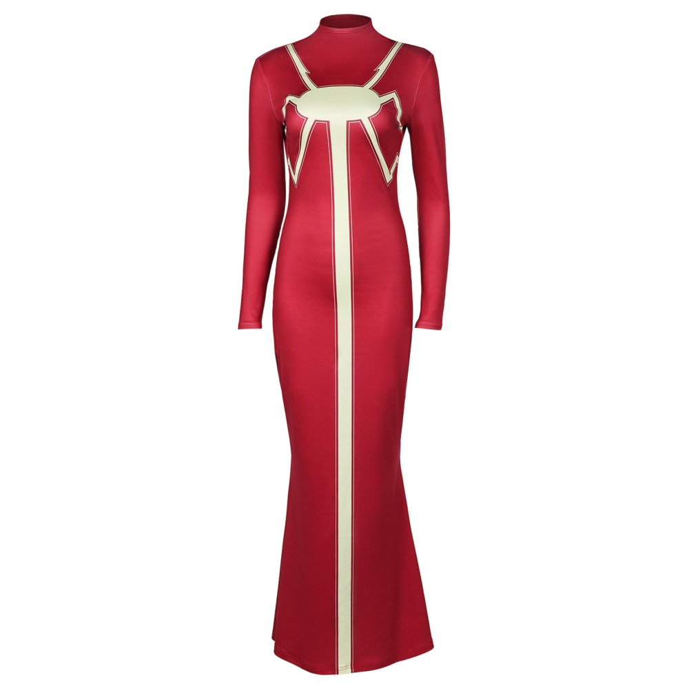 Madam Web Women Red Printed Dress Suit Cosplay Costume Halloween Carnival Outfit