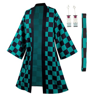Kamado Tanjirou Suit with Earrings Belt Cosplay Costume Halloween Carnival