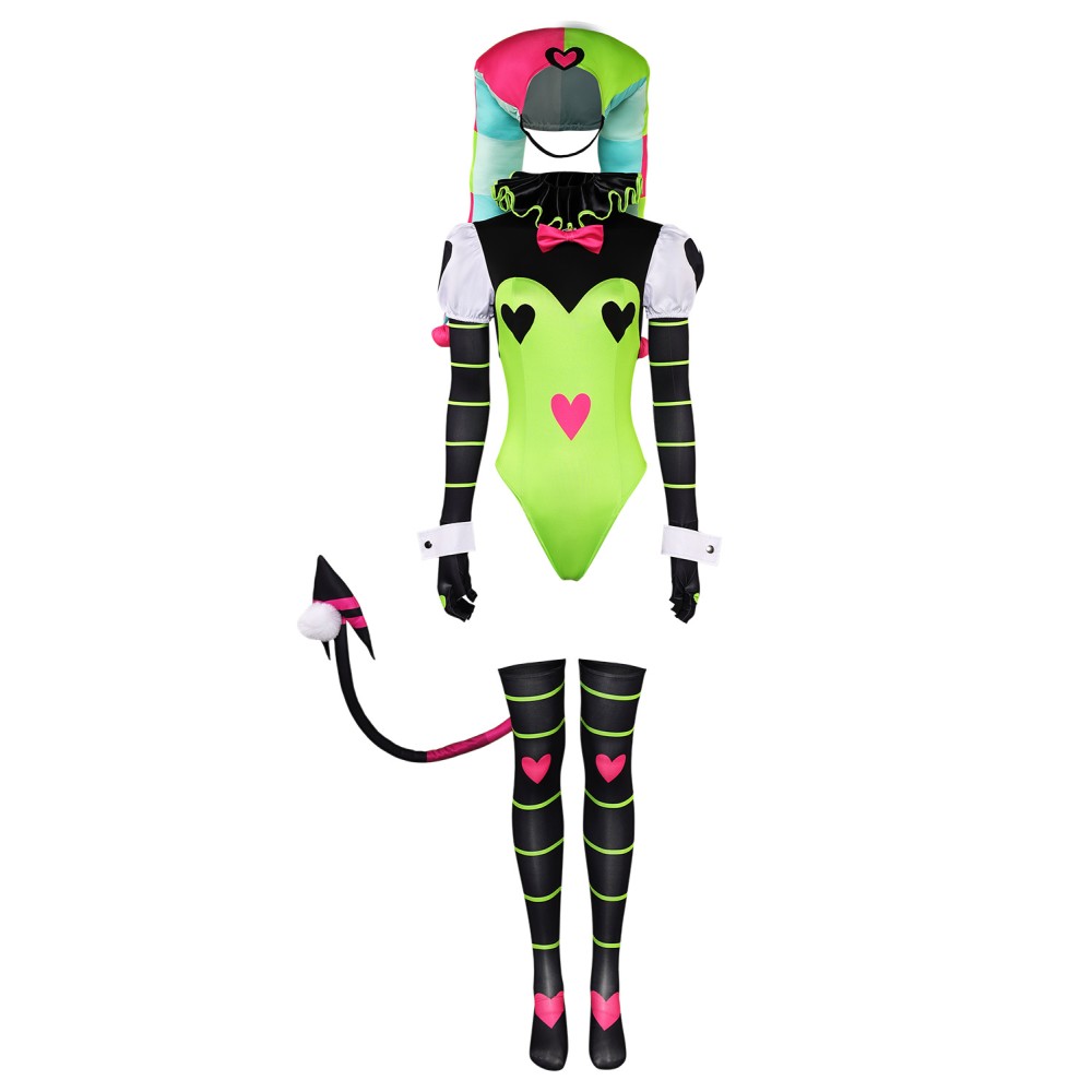 Helluva Boss Hazbin Hotel Fizzarolli Women Green Clown Suit Cosplay Costume Halloween Carnival Outfit