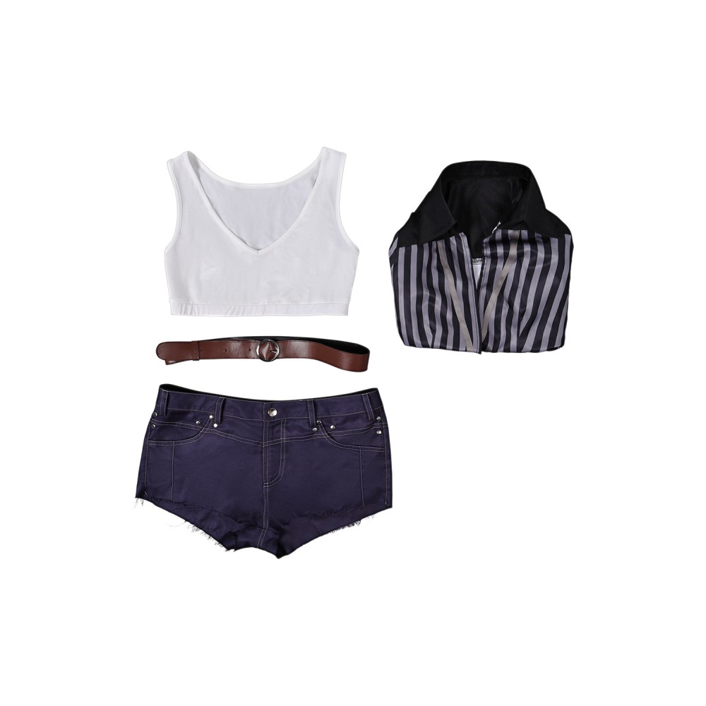 Final Fantasy VII Rebirth Tifa Lockhart Black Striped Sunscreen Cropped Swimsuit Suit Cosplay Costume Halloween Carnival Outfit