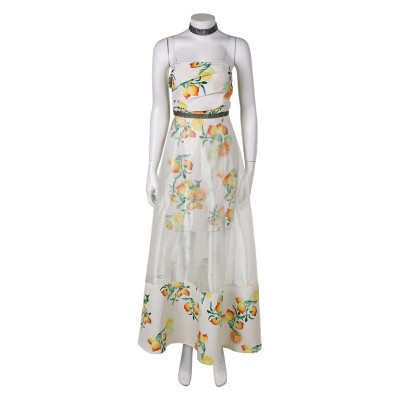 Final Fantasy Aerith Women Citrus Pattern Dress Cosplay Costume Halloween Carnival Outfit