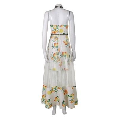 Final Fantasy Aerith Women Citrus Pattern Dress Cosplay Costume Halloween Carnival Outfit
