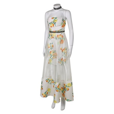 Final Fantasy Aerith Women Citrus Pattern Dress Cosplay Costume Halloween Carnival Outfit