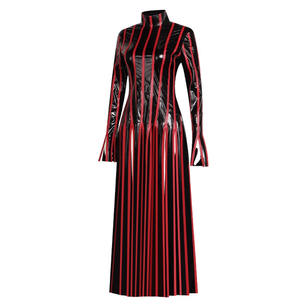 Fate/Stay Night Sakura Matou Red Strip Leather Dress Cosplay Costume Halloween Carnival Outfit