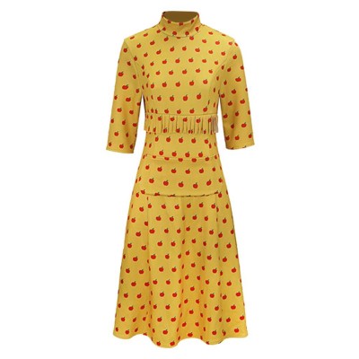 Fantastic Mr. Fox Mrs Fox Yellow Dress Apple Pattern Cosplay Costume Halloween Carnival Outfit