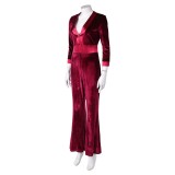 Drop (2025) Violet Women Red Velvet Jumpsuit Cosplay Costume Halloween Carnival Outfit