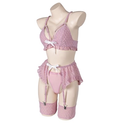 Bowknot Pink Sexy Lingerie for Women 3 Pics/Set Bikini Suit Cosplay Costume Halloween Carnival Outfit