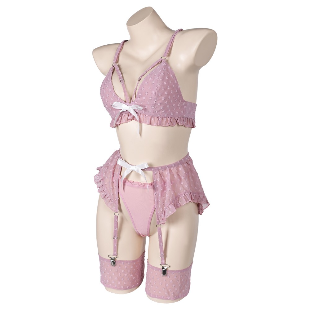 Bowknot Pink Sexy Lingerie for Women 3 Pics/Set Bikini Suit Cosplay Costume Halloween Carnival Outfit