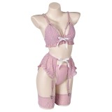 Bowknot Pink Sexy Lingerie for Women 3 Pics/Set Bikini Suit Cosplay Costume Halloween Carnival Outfit