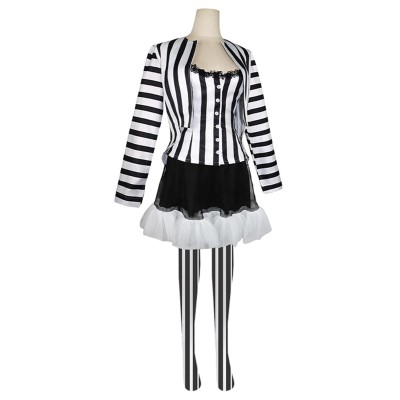 Beetlejuice 2024 Lydia Deetz Women Black White Striped Uniform Dress Set Suit Cosplay Costume Halloween Carnival Outfit