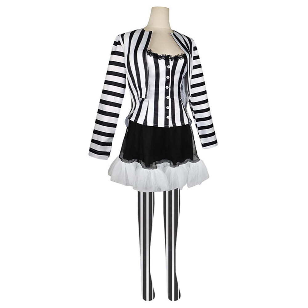 Beetlejuice 2024 Lydia Deetz Women Black White Striped Uniform Dress Set Suit Cosplay Costume Halloween Carnival Outfit