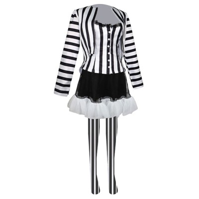 Beetlejuice 2024 Lydia Deetz Women Black White Striped Uniform Dress Set Suit Cosplay Costume Halloween Carnival Outfit
