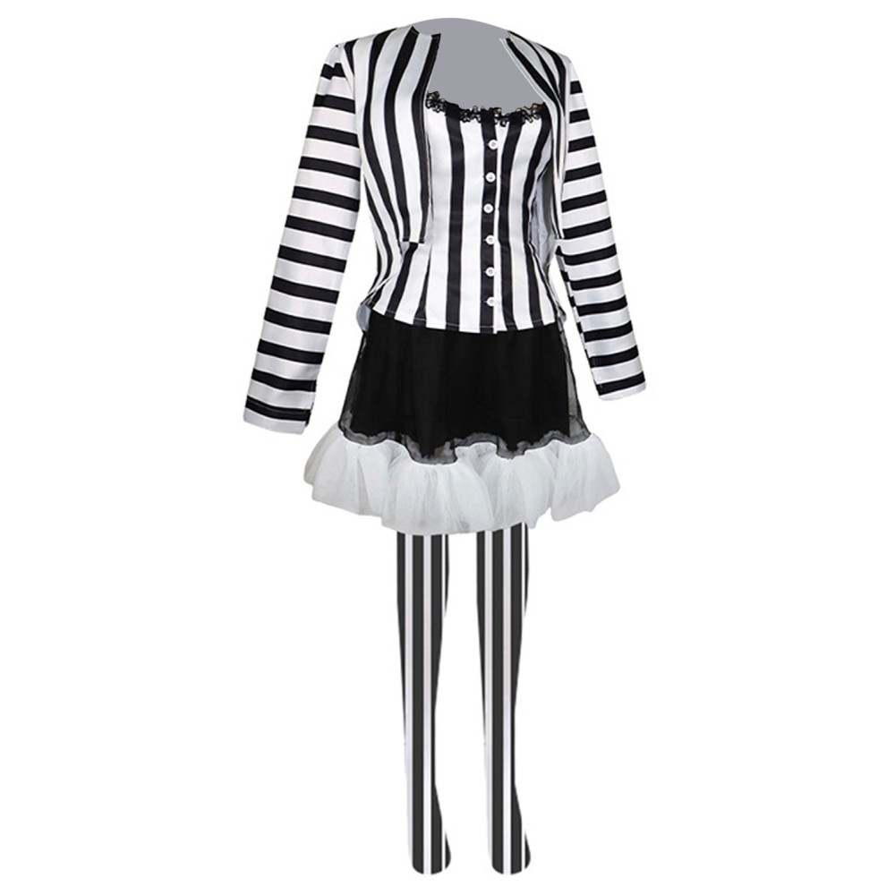Beetlejuice 2024 Lydia Deetz Women Black White Striped Uniform Dress Set Suit Cosplay Costume Halloween Carnival Outfit