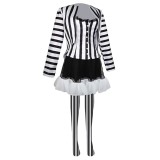 Beetlejuice 2024 Lydia Deetz Women Black White Striped Uniform Dress Set Suit Cosplay Costume Halloween Carnival Outfit