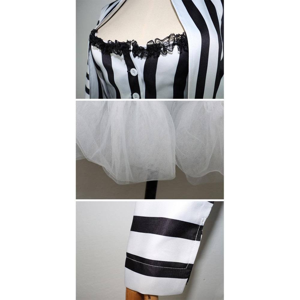 Beetlejuice 2024 Lydia Deetz Women Black White Striped Uniform Dress Set Suit Cosplay Costume Halloween Carnival Outfit