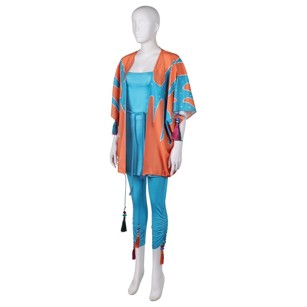 ABBA Anni-Frid Synni Lyngstad Retro 70s Blue Printed Set Suit Cosplay Costume Halloween Carnival Outfit