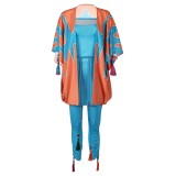 ABBA Anni-Frid Synni Lyngstad Retro 70s Blue Printed Set Suit Cosplay Costume Halloween Carnival Outfit
