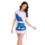 ABBA Agnetha Faltskong Retro Disco 70S Style Vintage Blue Printed Dress Suit Cosplay Costume Halloween Carnival Outfit