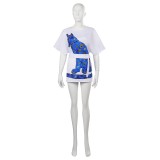 ABBA Agnetha Faltskong Retro Disco 70S Style Vintage Blue Printed Dress Suit Cosplay Costume Halloween Carnival Outfit