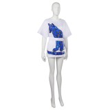 ABBA Agnetha Faltskong Retro Disco 70S Style Vintage Blue Printed Dress Suit Cosplay Costume Halloween Carnival Outfit