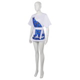 ABBA Agnetha Faltskong Retro Disco 70S Style Vintage Blue Printed Dress Suit Cosplay Costume Halloween Carnival Outfit